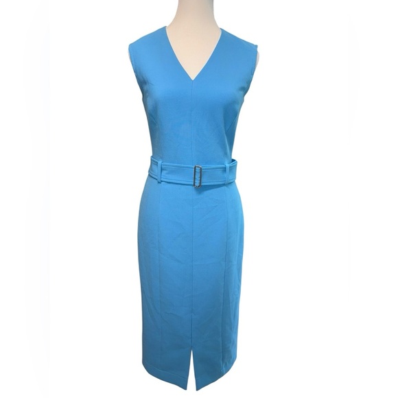 Hugo Boss Women’s “Dadorina” Bright Blue V-Neck Belted Sleeveless Pencil Dress - Picture 6 of 10